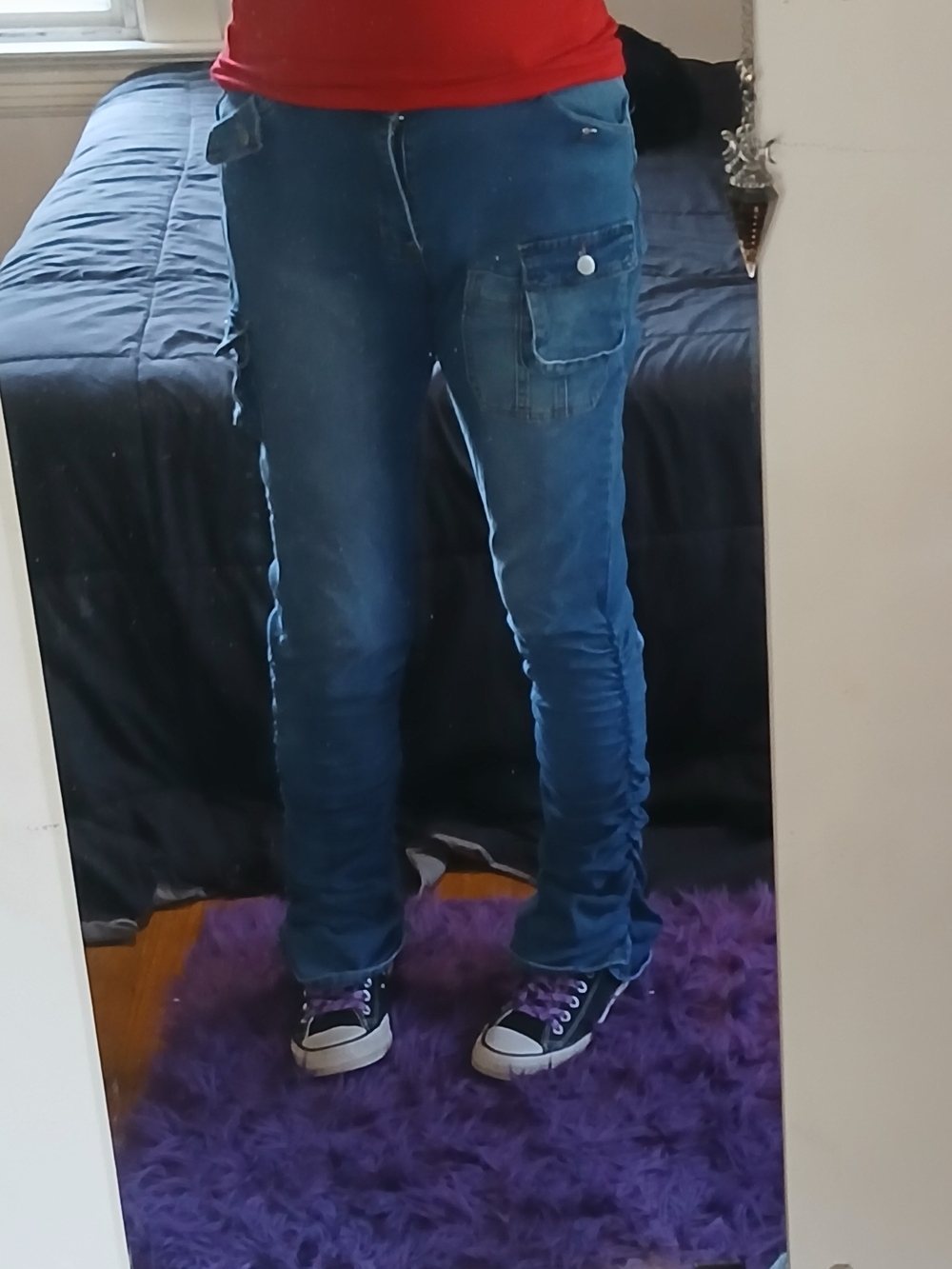 Women's Runched Blue Cargo Jeans - Classic Slim Fit